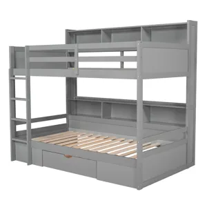 Twin Size Bunk Bed With Built-In Shelves Beside Both Upper And Down Bed And Storage Drawer - Gray