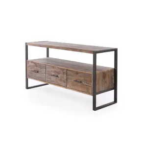 Reclaimed Wood Media TV Console Table With 3 Drarwer, Open Shelf - Antique Gray