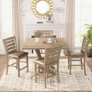 5 Pieces Dining Set, Square Counter Table Modern Farmhouse Rustic - Distressed Brown