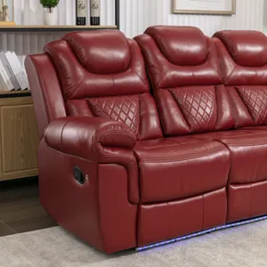 Home Theater Seating Manual Recliner Chair With Center Console And Led Light Strip For Living Room -