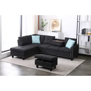 Alger - 98" Wide Left Hand Facing Sofa & Chaise With Ottoman - Charcoal Grey