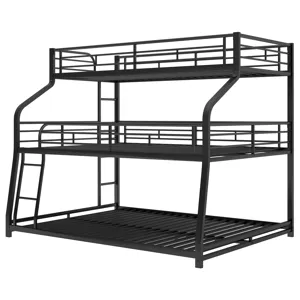 Twin Long / Full Long / Queen Triple Bunk Bed With Long And Short Ladder And Full-Length Guardrails 