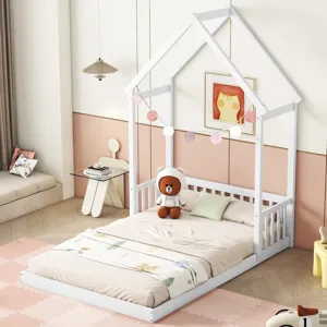 Full Roof-Framed Headboard Floor Bed With Headboard Guardrails - Without Slats White