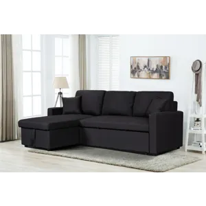Paisley - Linen Fabric Reversible Sleeper Sectional Sofa With Storage Chaise - Black