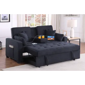 Cody II - 69.5\"W Dark Gray Woven Fabric Convertible Sleeper Loveseat With Cup Holder, Charging Port