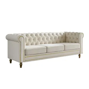 Chesterfield - Velvet Sofa 84.65\" For Living Room - Beige