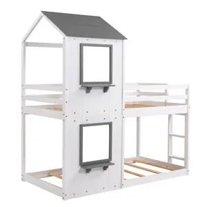 Twin Over Twin Bunk Bed Wood Bed & Roof, Window, Guardrail, Ladder - White