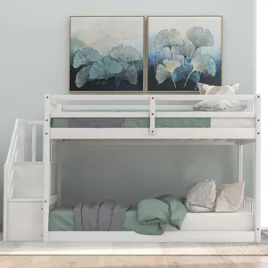Twin Over Twin Floor Bunk Bed, Ladder With Storage - White