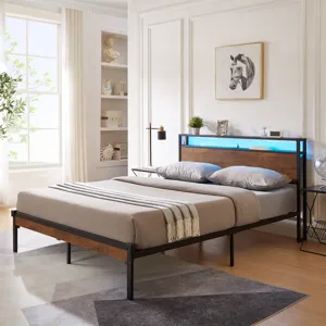 Queen Size Metal Platform Bed Frame With Wooden Headboard And Footboard With USB Liner, LED Lights, 