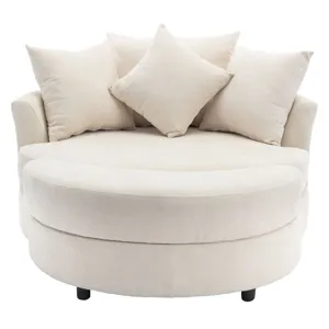 360° Swivel Accent Barrel Chair With Storage Ottoman & 4 Pillows, Modern Chenille Leisure Chair Round Accent For Living Room - Cream