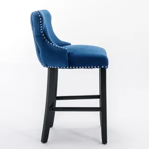 Contemporary Velvet Upholstered Wing-Back Barstools With Button Tufted Decoration And Wooden Legs, A