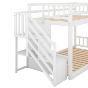 Twin Over Twin Floor Bunk Bed, Ladder With Storage - White