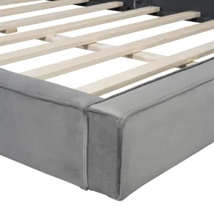 Queen Size Upholstered Platform Bed With , Grounded Bed With Solid Frame - Gray