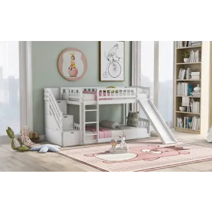 Stairway Twin Over Twin Bunk Bed With Two Drawers And Slide - White