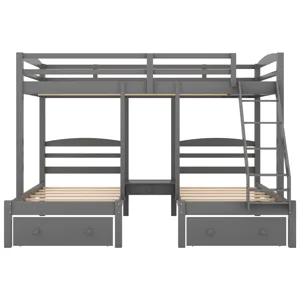 Full Over Twin & Twin Bunk Bed, Triple Bunk Bed With Drawers - Gray