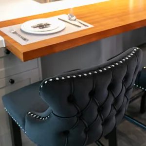 Contemporary Velvet Upholstered Wing-Back Barstools With Button Tufted Decoration And Wooden Legs, A