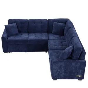 L-Shape Sofa Bed Pull-Out Sleeper Sofa With Wheels, USB Ports, Power Sockets For Living Room - Navy 