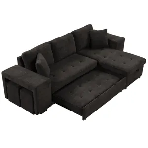 Modern L-Shape 3 Seat Reversible Sectional Couch, Pull Out Sleeper Sofa With Storage Chaise And 2 St