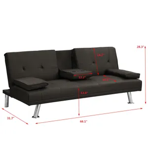 Sofa Bed With Armrest Two Holders Wood Frame, Stainless Leg, Futon - Brown