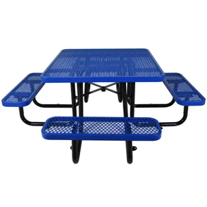 Square Outdoor Steel Picnic Table With Umbrella Pole - Blue