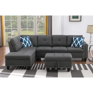 Alger - 98" Wide Left Hand Facing Sofa & Chaise With Ottoman - Dark Gray