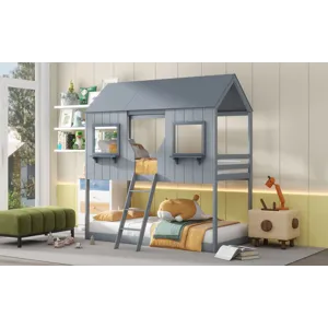 78\" Twin Over Twin Bunk Bed Wood Bed With Roof, Window, Guardrail, Ladder - Gray