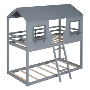 78\" Twin Over Twin Bunk Bed Wood Bed With Roof, Window, Guardrail, Ladder - Gray