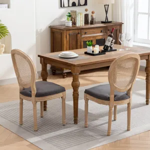 French Style Solid Wood Frame Antique Painting Linen Fabric Rattan Back Dining Chair (Set of 2) - Gr