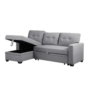 Upholstered Pull Out Sectional Sofa With Chaise - Light Gray