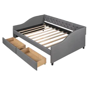 Full Size Upholstered Daybed With Two Drawers, Wood Slat Support - Gray