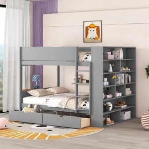 Full Over Full Bunk Bed With 2 Drawers And Multi - Layer Cabinet - Gray