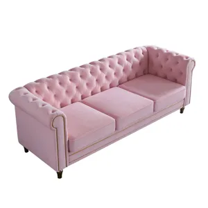 Chesterfield - Velvet Sofa 84.65\" For Living Room - Pink