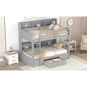 Twin Size Bunk Bed With Built-In Shelves Beside Both Upper And Down Bed And Storage Drawer - Gray