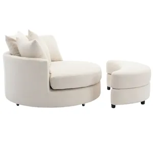 360° Swivel Accent Barrel Chair With Storage Ottoman & 4 Pillows, Modern Chenille Leisure Chair Round Accent For Living Room - Cream
