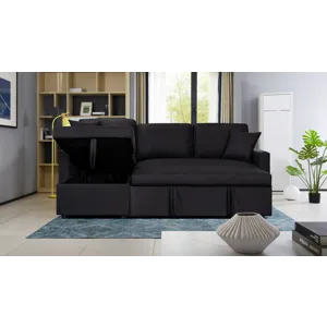 Paisley - Linen Fabric Reversible Sleeper Sectional Sofa With Storage Chaise - Black