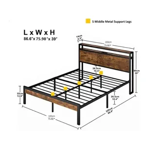 King Size Metal Platform Bed Frame With Wooden Headboard And Footboard With USB Liner, No Box Spring