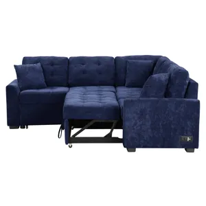 L-Shape Sofa Bed Pull-Out Sleeper Sofa With Wheels, USB Ports, Power Sockets For Living Room - Navy 