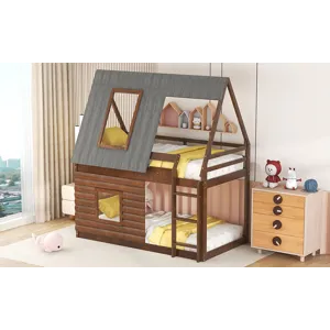 Wood Twin Size House Bunk Bed With Roof, Ladder And 2 Windows - Oak & Smoky Gray