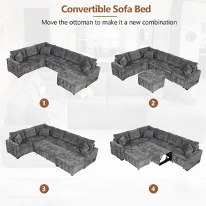 Sectional Sofa Pull-Out Sofa Bed Sleeper With A Storage Ottoman, Three Pillows And Charging Devices 