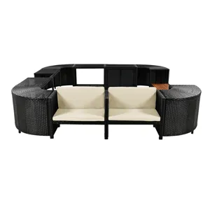 Spa Surround Spa Frame Quadrilateral Outdoor Rattan Sectional Sofa Set With Mini Sofa, Wooden Seats 