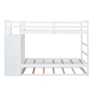Twin Over Twin Bunk Bed With Trundle And Staircase - White