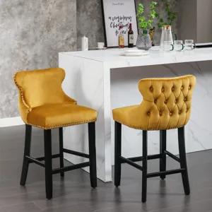 Contemporary Velvet Upholstered Wing-Back Barstools With Button Tufted Decoration And Wooden Legs, A