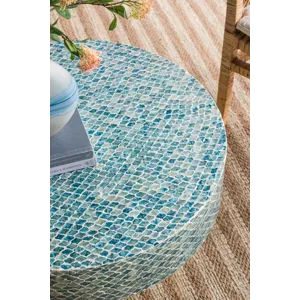 Unique Hyperion Capiz Inlay Drum Coffee Table With Gold Pedestal Base - Multi