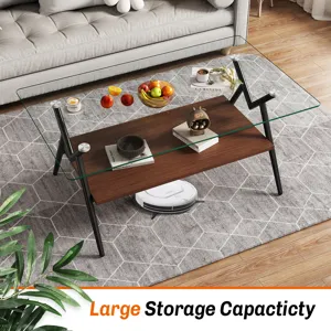 Rectangle Coffee Table With Tempered Glass Top And Metal Legs, Modern Table For Living Room, Transpa