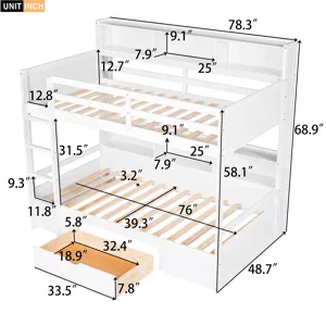 Twin Size Bunk Bed With Built-In Shelves Beside Both Upper And Down Bed And Storage Drawer - White