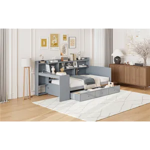 Twin Size Wooden Daybed With 3 Drawers, USB Ports And Desk - Gray