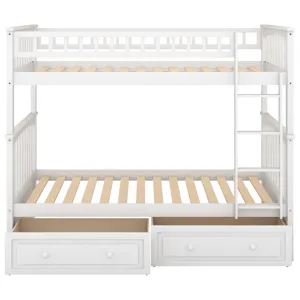 Twin Over Twin Bunk Bed With Drawers, Convertible Beds - White