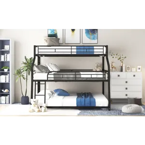 Twin Long / Full Long / Queen Triple Bunk Bed With Long And Short Ladder And Full-Length Guardrails 