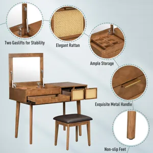 Classic Wood Makeup Vanity Set With Flip-Top Mirror And Stool, Dressing Table With Three Drawers And