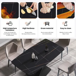 63\" Artificial Stone Black Curved Black Metal Leg Dining Table - Black